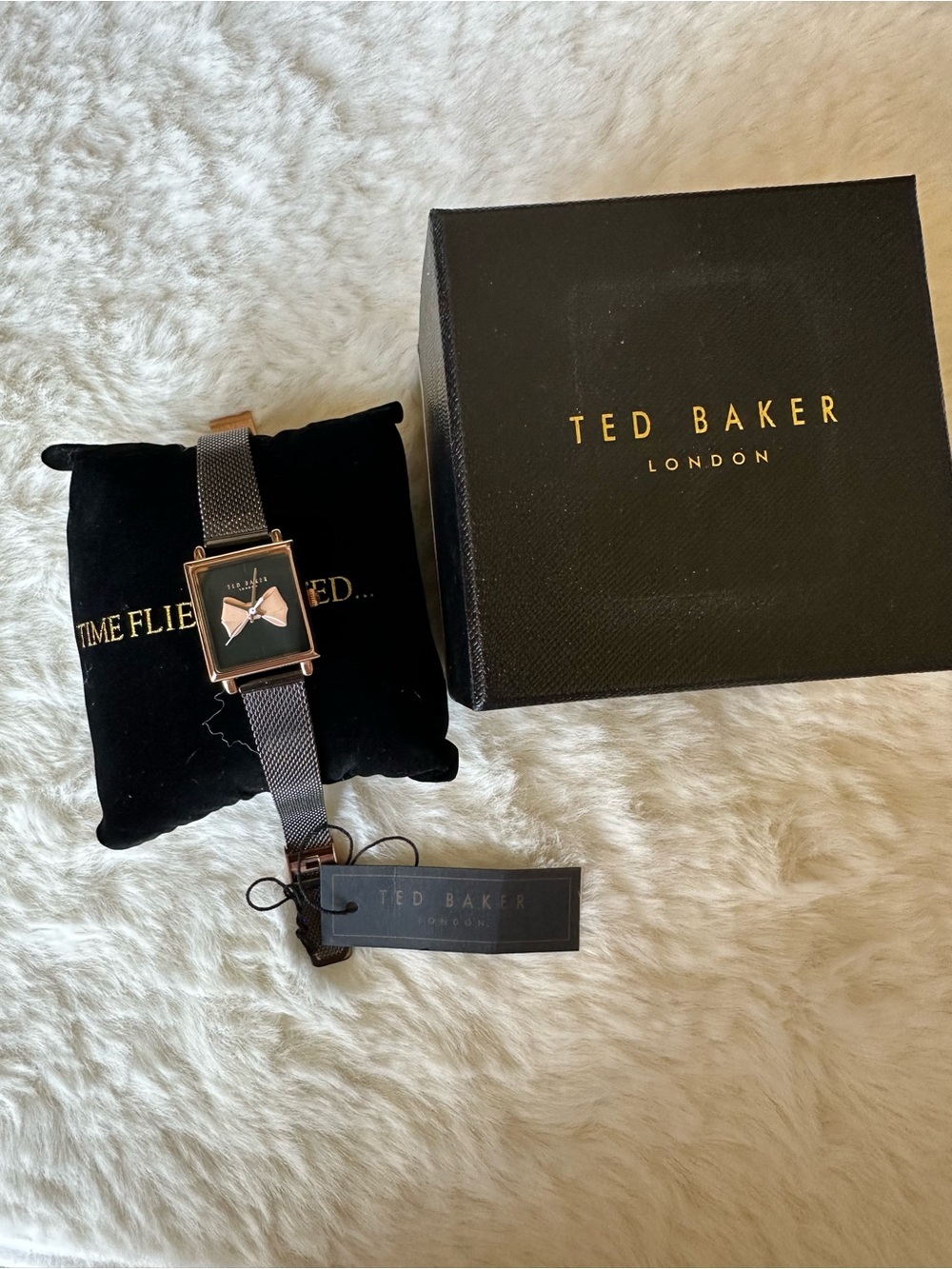 Ted Baker Rose Gold Square Case Watch with Black Dial and Mesh Strap